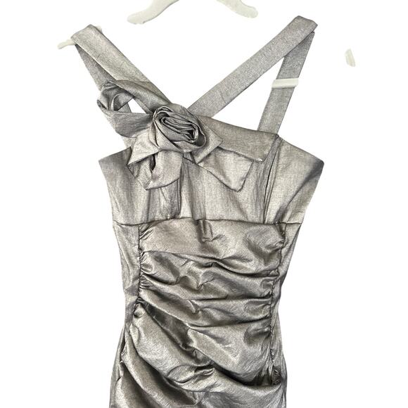 Vintage Jessica McClintock Pewter Silver Rosette Ruched Metallic Mermaid Gown  6 - Picture 5 of 11